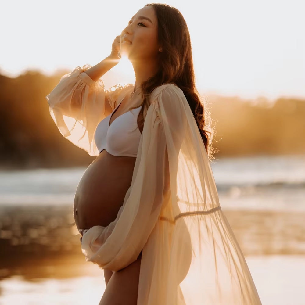 Women's Beige Maternity Robe - Sheer Maxi Robe