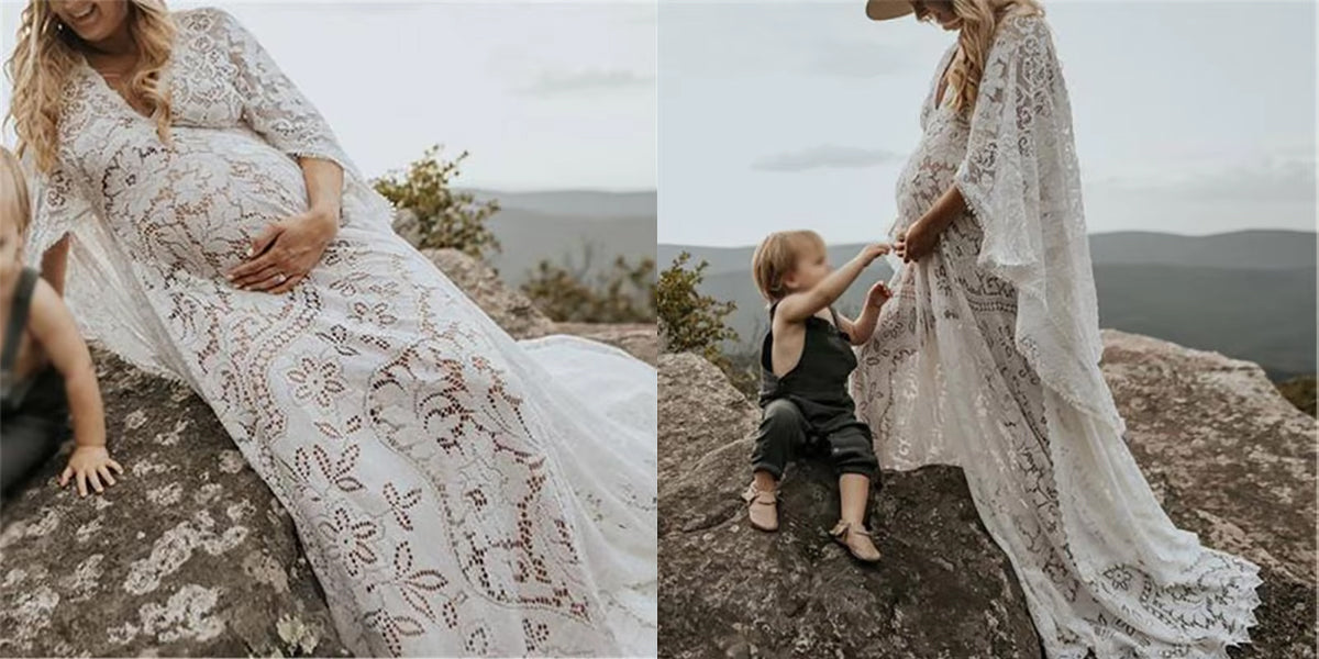 Women's Lace Maxi Maternity Gown With Train - Bat Sleeves