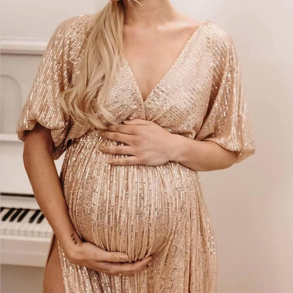 Women's Gold Sequin Maternity Gown - Mid Sleeve
