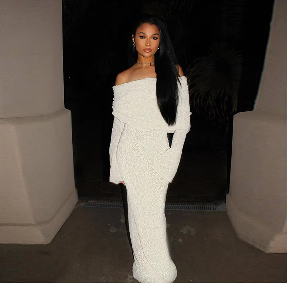White Knitted Off The Shoulder Dress - Maxi