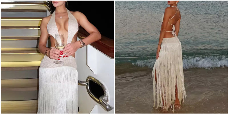 Hollow Out Halter Dress - Tassel Dress - Backless Lace-up Long Dress