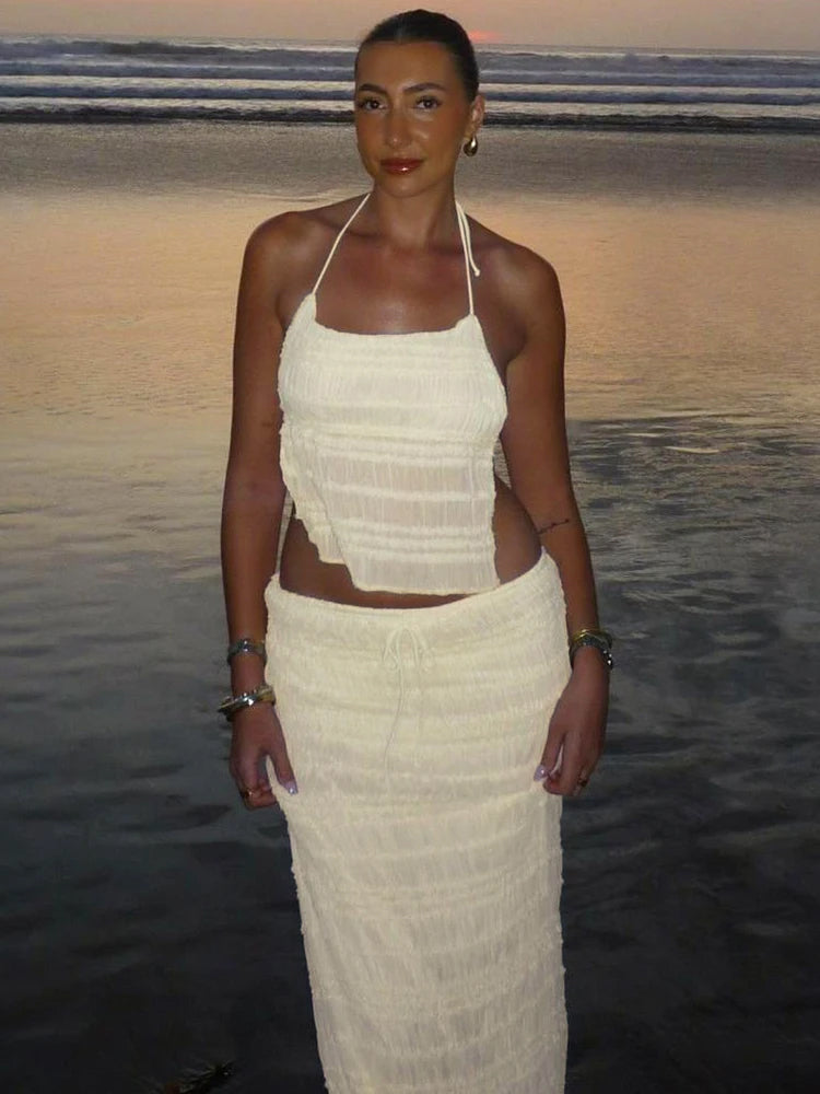Two Piece Beige Set - Halter Neck Top - Maxi Skirt