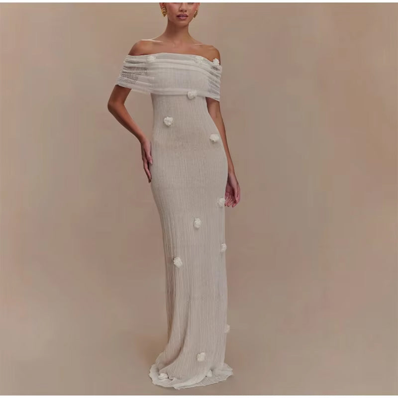Off The Shoulder Maxi Dress - Long Sleeve - With Flowers