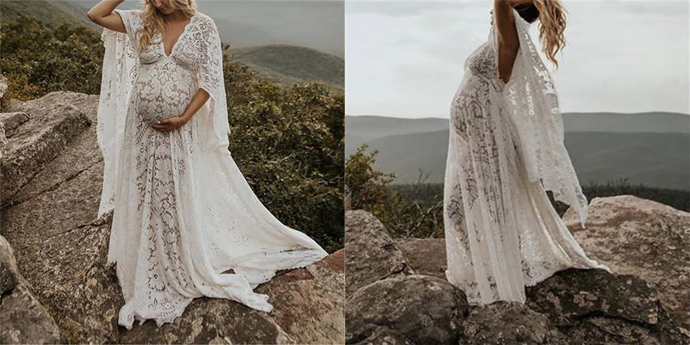 Women's Lace Maxi Maternity Gown With Train - Bat Sleeves