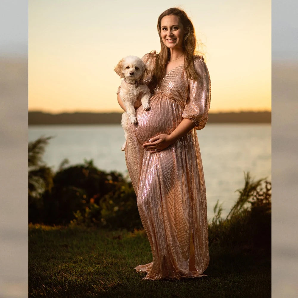 Women's Gold Sequin Maternity Gown - Mid Sleeve
