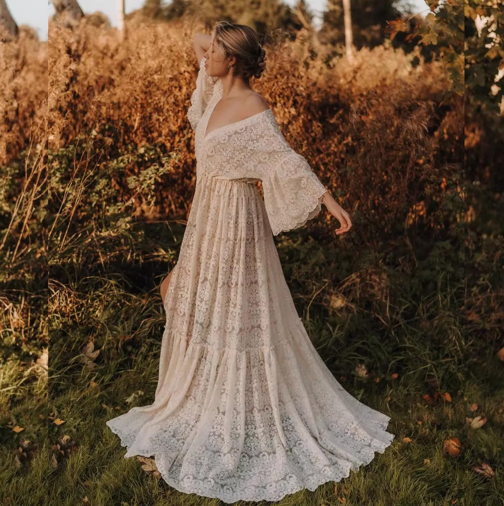 Women's Boho Gown - Bat Sleeves - Maxi - Split Dress