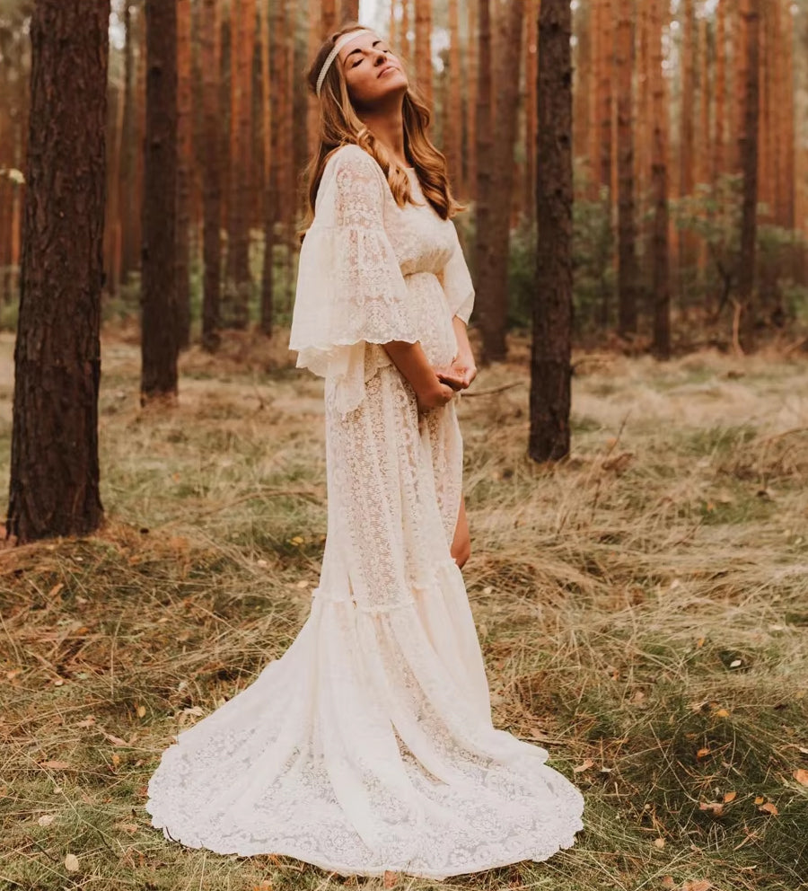 Women's Boho Gown - Bat Sleeves - Maxi - Split Dress