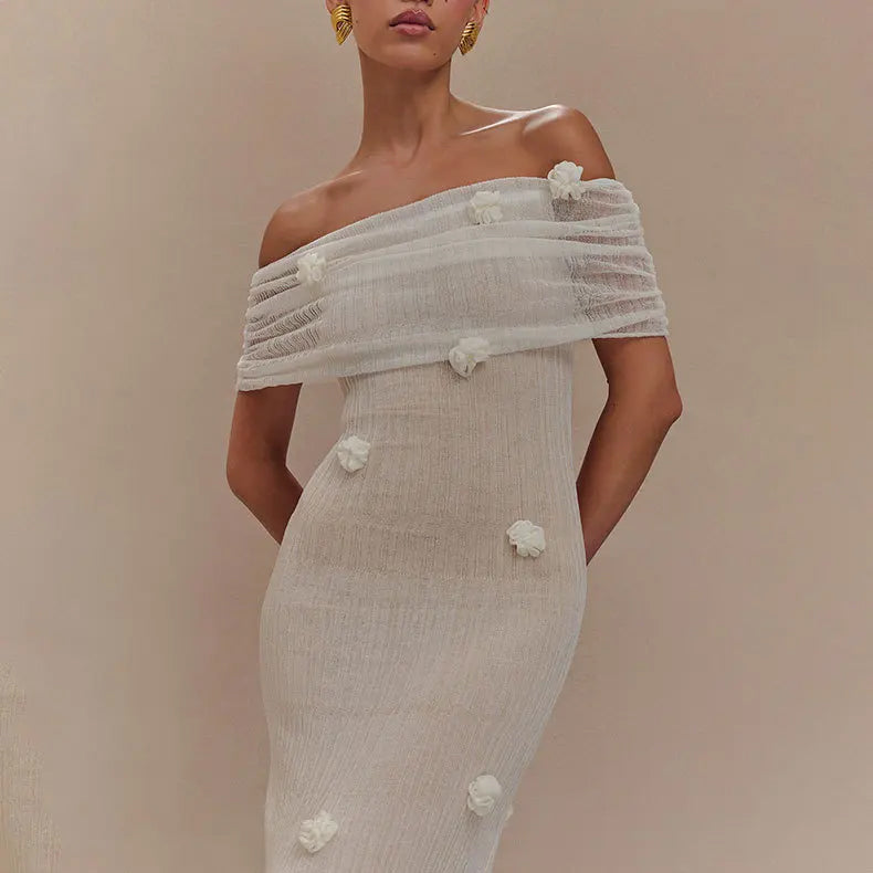 Off The Shoulder Maxi Dress - Long Sleeve - With Flowers