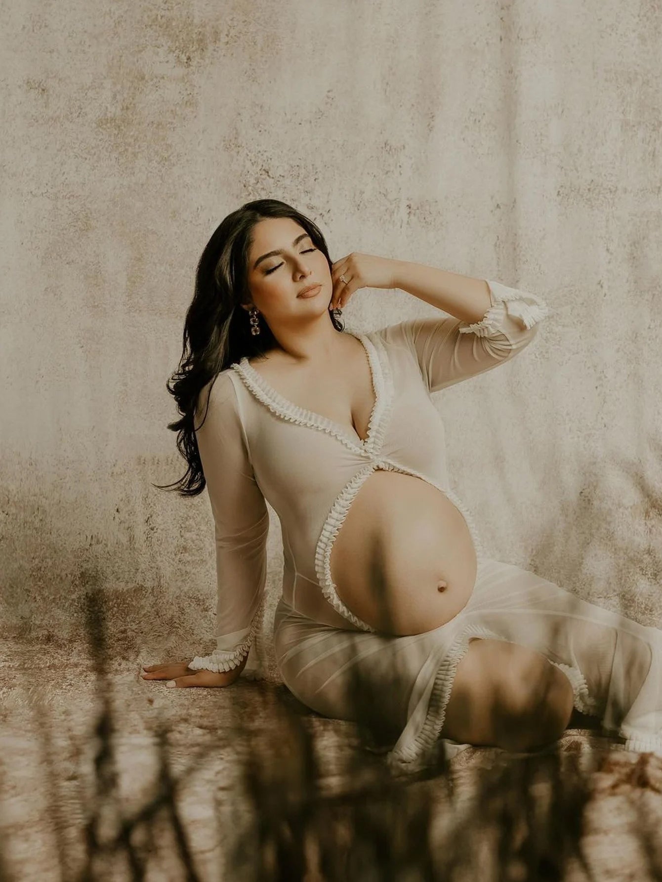 Women's Sheer Cream Maternity Gown - Long Sleeve