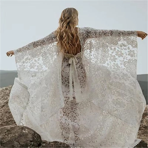 Women's Lace Maxi Maternity Gown With Train - Bat Sleeves