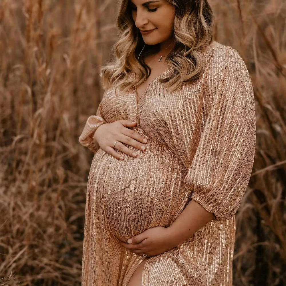 Women's Gold Sequin Maternity Gown - Mid Sleeve