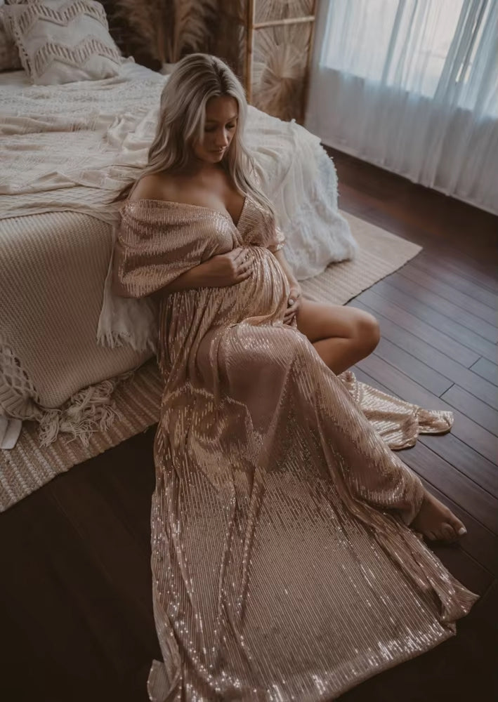 Women's Gold Sequin Maternity Gown - Mid Sleeve