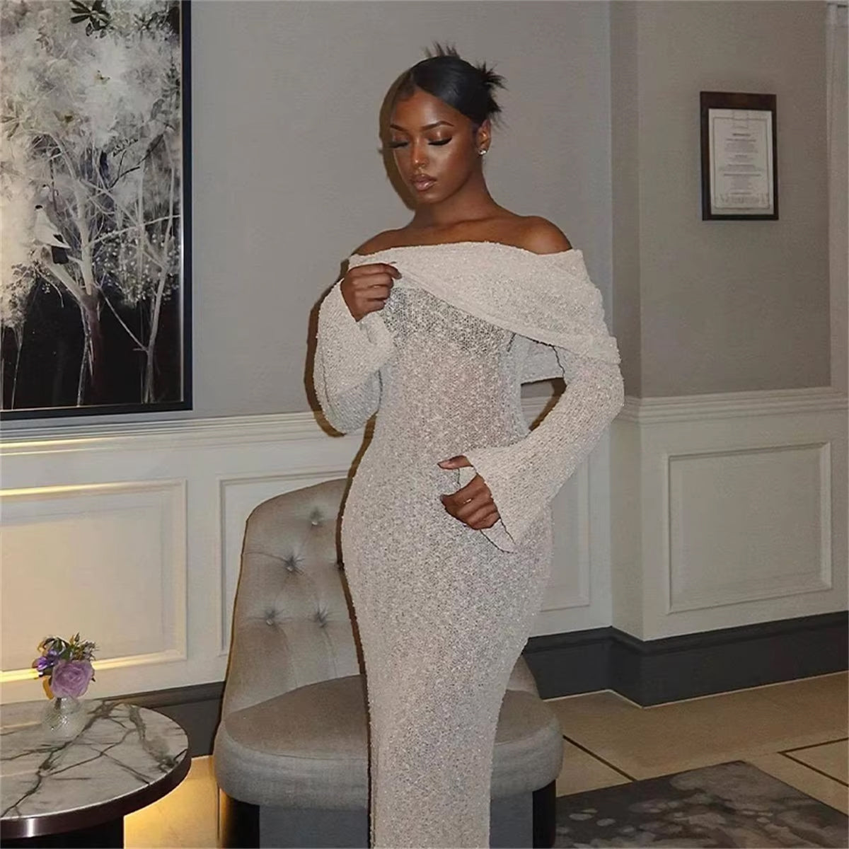 White Knitted Off The Shoulder Dress - Maxi