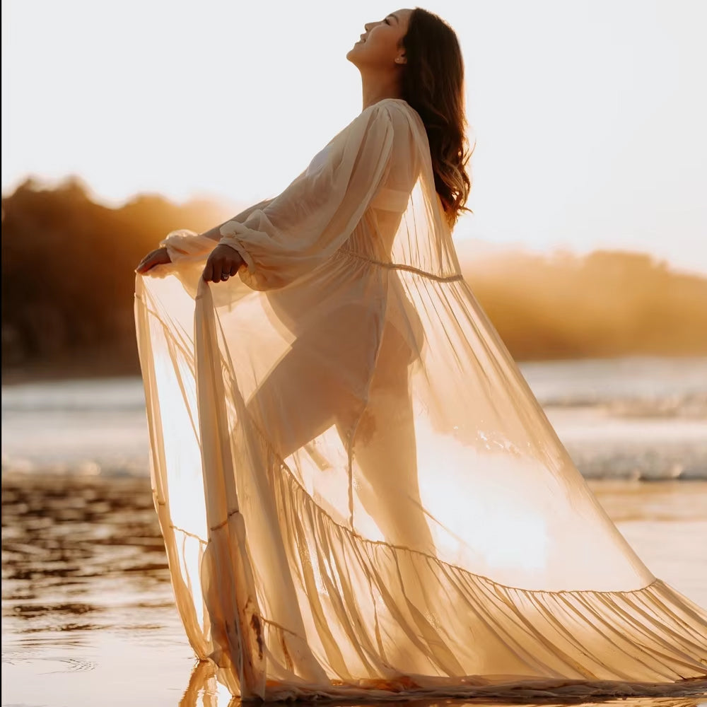 Women's Beige Maternity Robe - Sheer Maxi Robe