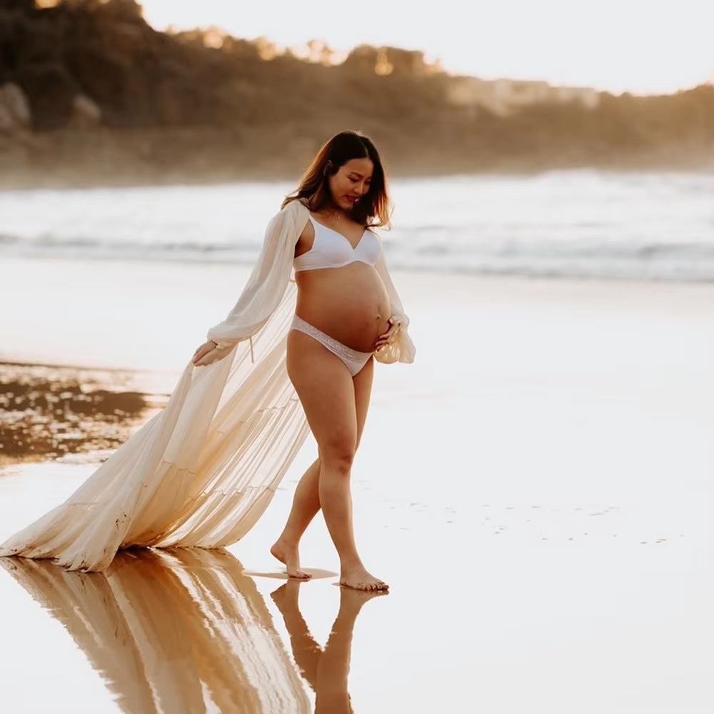 Women's Beige Maternity Robe - Sheer Maxi Robe