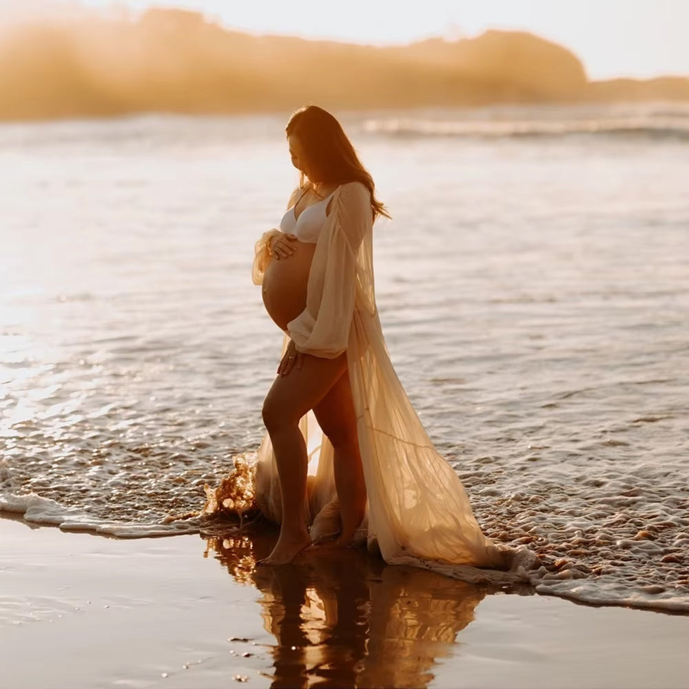 Women's Beige Maternity Robe - Sheer Maxi Robe