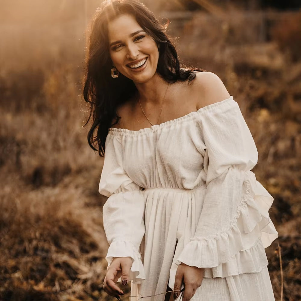 Women's Beige Long Sleeve Gown - Ruffle Sleeve