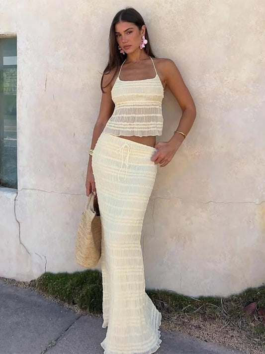 Two Piece Beige Set - Halter Neck Top - Maxi Skirt