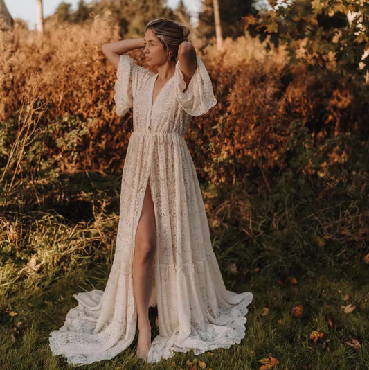 Women's Boho Gown - Bat Sleeves - Maxi - Split Dress