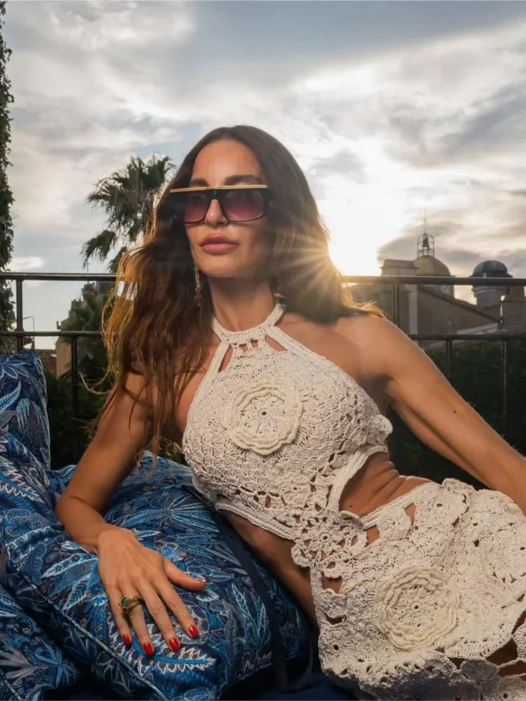 Crochet Flower Long Dress - Maxi