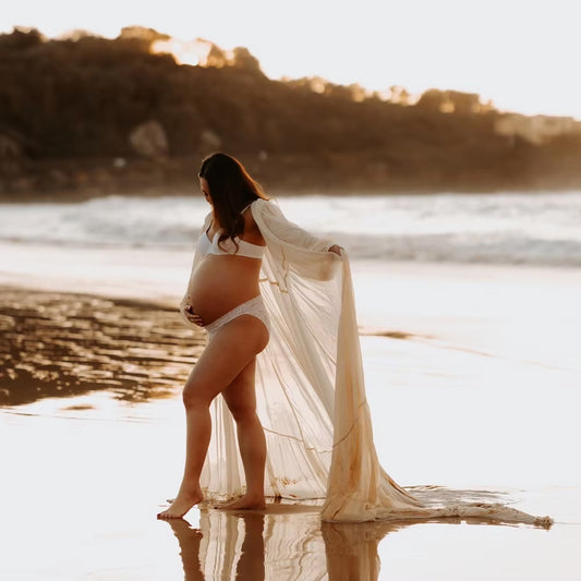 Women's Beige Maternity Robe - Sheer Maxi Robe