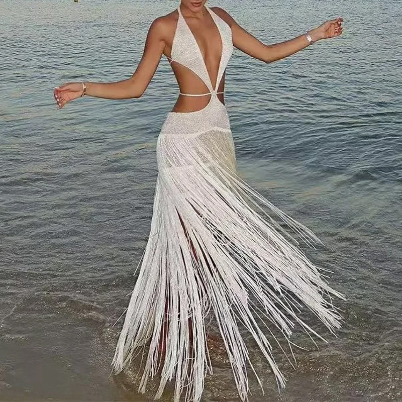 Hollow Out Halter Dress - Tassel Dress - Backless Lace-up Long Dress