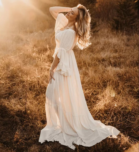 Women's Beige Long Sleeve Gown - Ruffle Sleeve