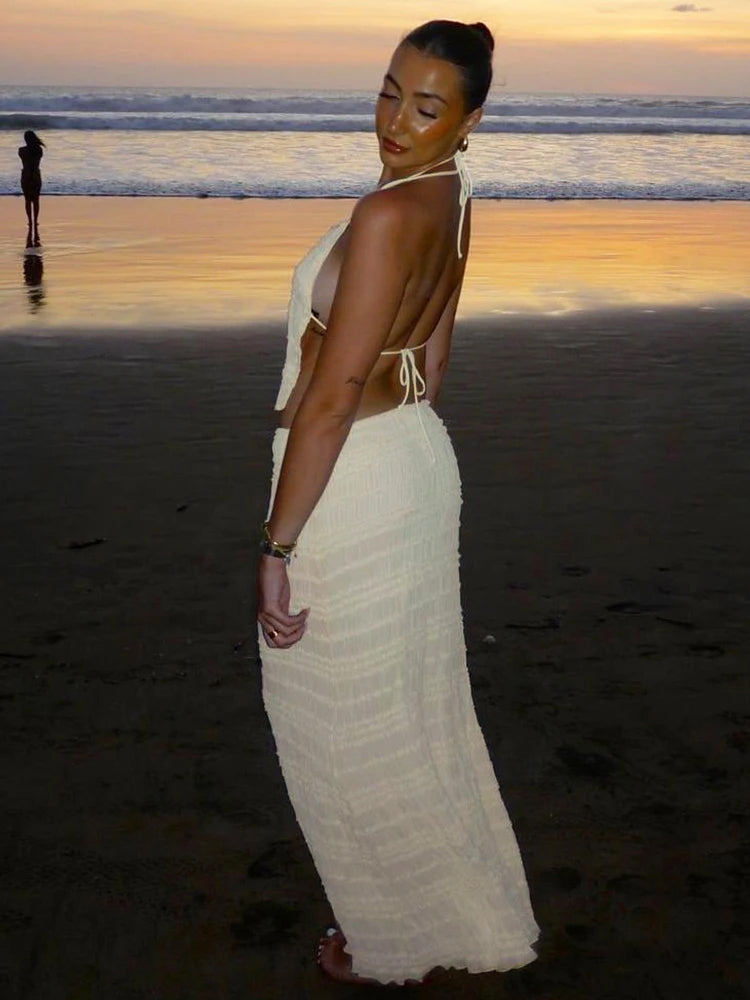 Two Piece Beige Set - Halter Neck Top - Maxi Skirt