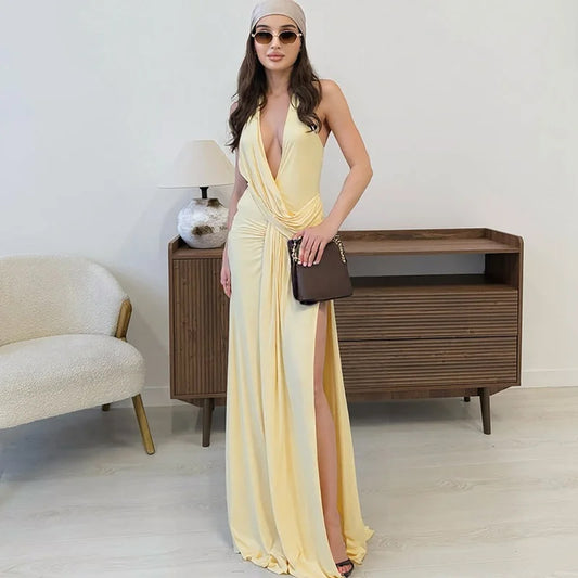Halter Dress - Deep V Neck - Backless Maxi Dress