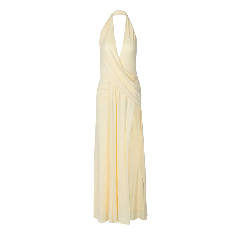 Halter Dress - Deep V Neck - Backless Maxi Dress