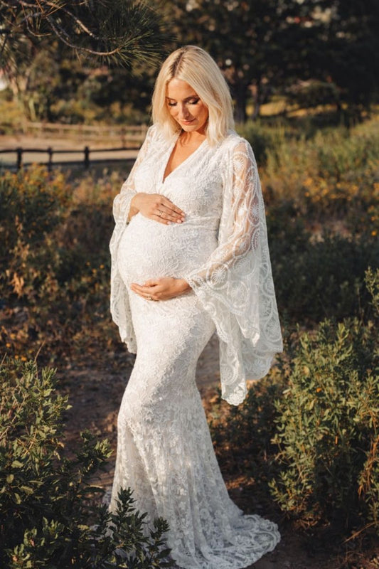 Boho Bat Sleeve Maxi Gown - With Lace Train