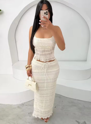 Two Piece Beige Set - Halter Neck Top - Maxi Skirt