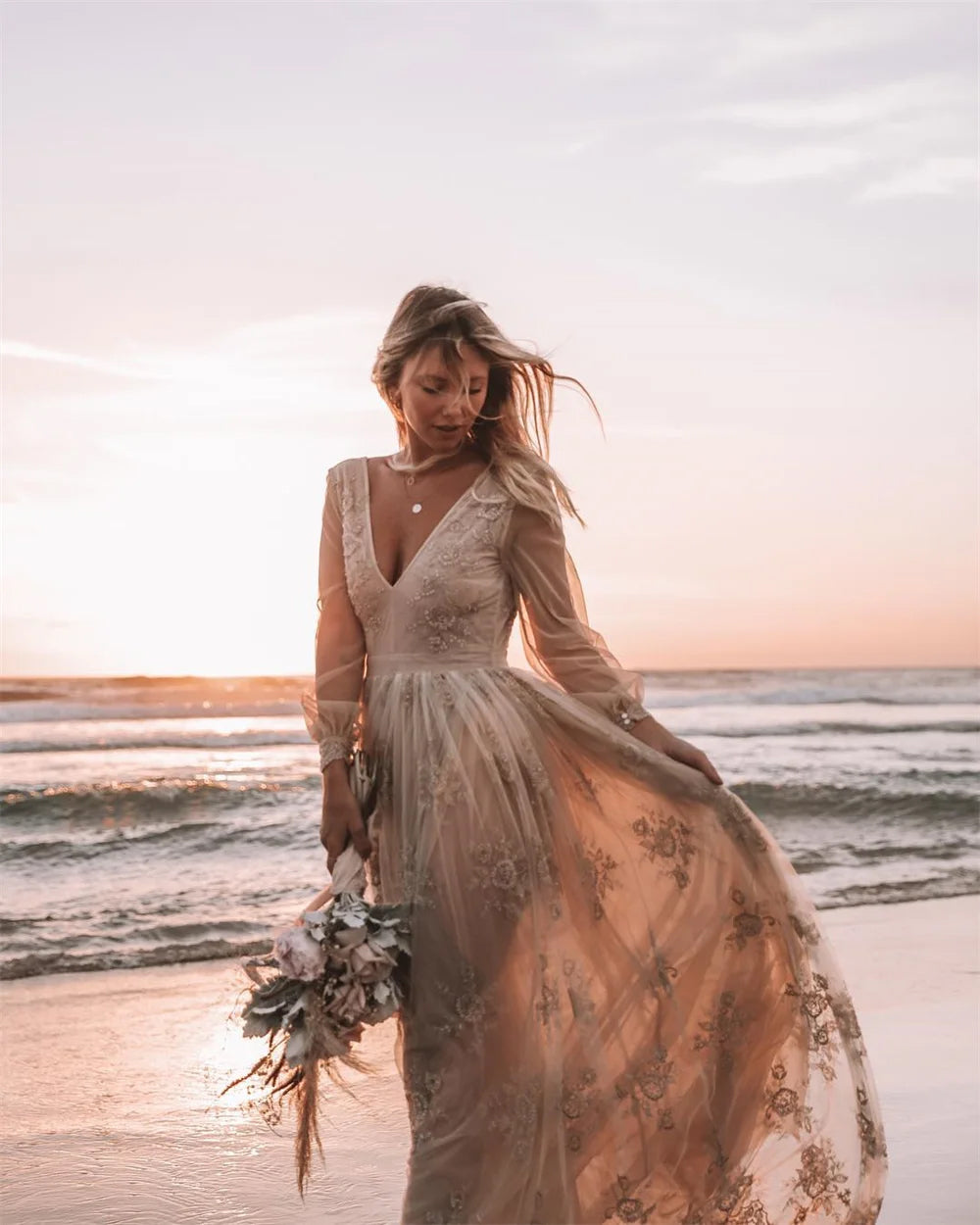 Boho Lace Embroidered Long Sleeve Dress