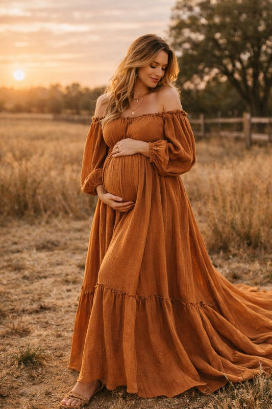 Boho Rust Maxi Maternity Dress - Off The Shoulder