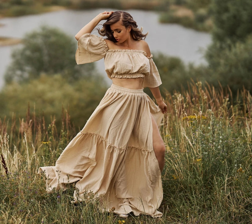 Two Piece Beige Maternity Set - Boho Set