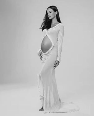 Women's Sheer Cream Maternity Gown - Long Sleeve
