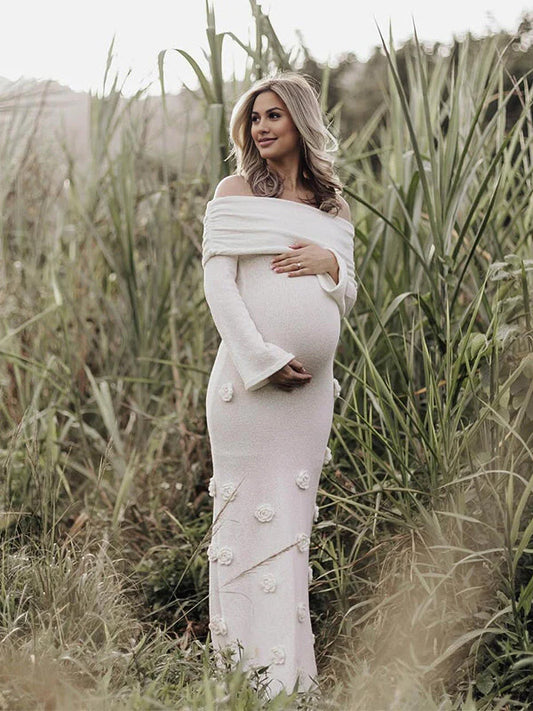 Off The Shoulder Maxi Dress - Long Sleeve - With Flowers