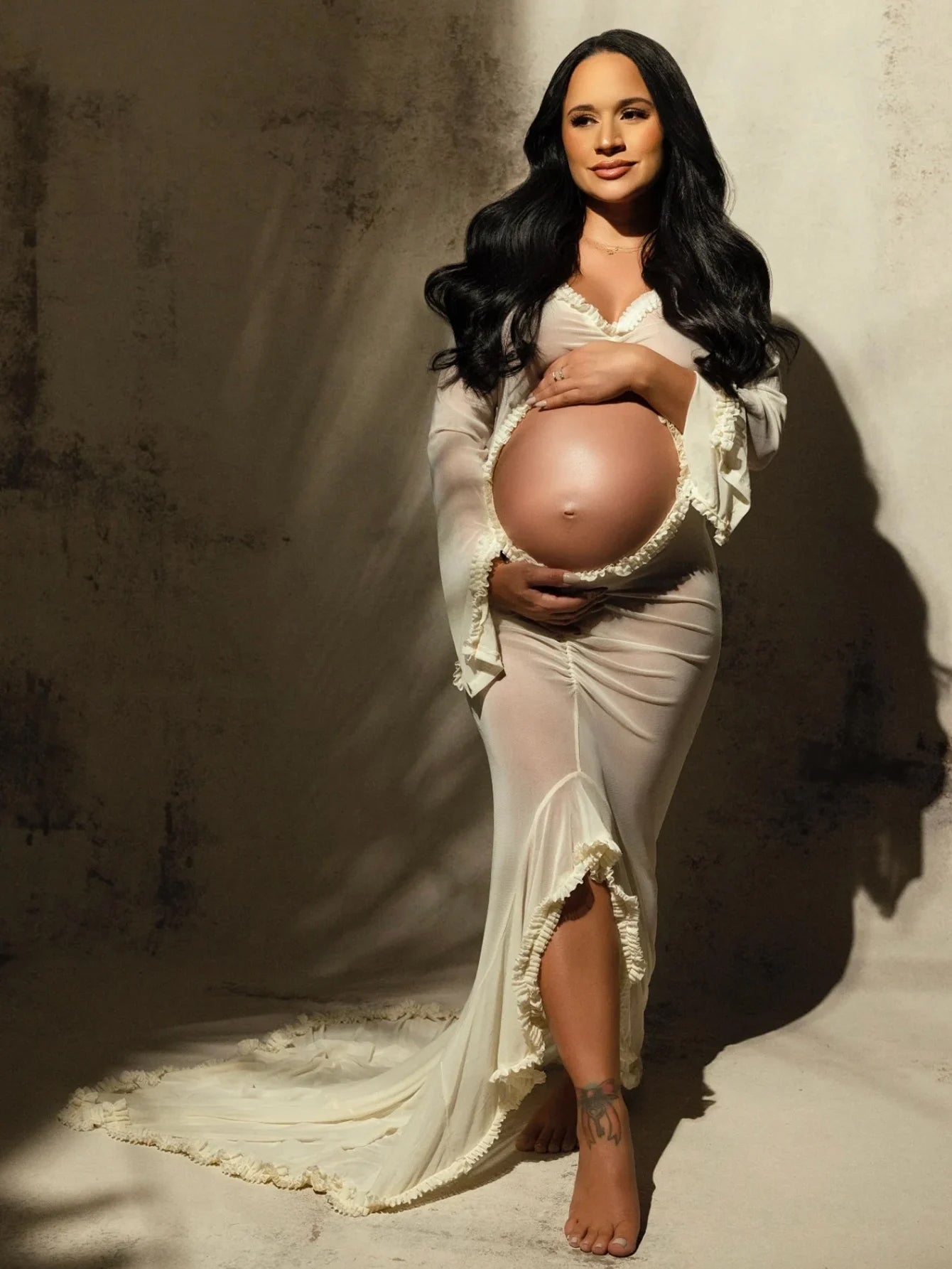 Women's Sheer Cream Maternity Gown - Long Sleeve