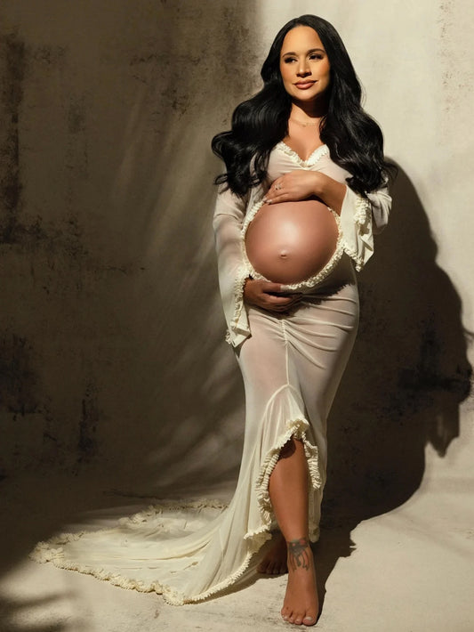 Women's Sheer Cream Maternity Gown - Long Sleeve