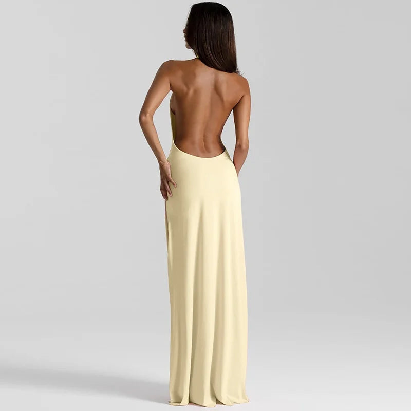Halter Dress - Deep V Neck - Backless Maxi Dress