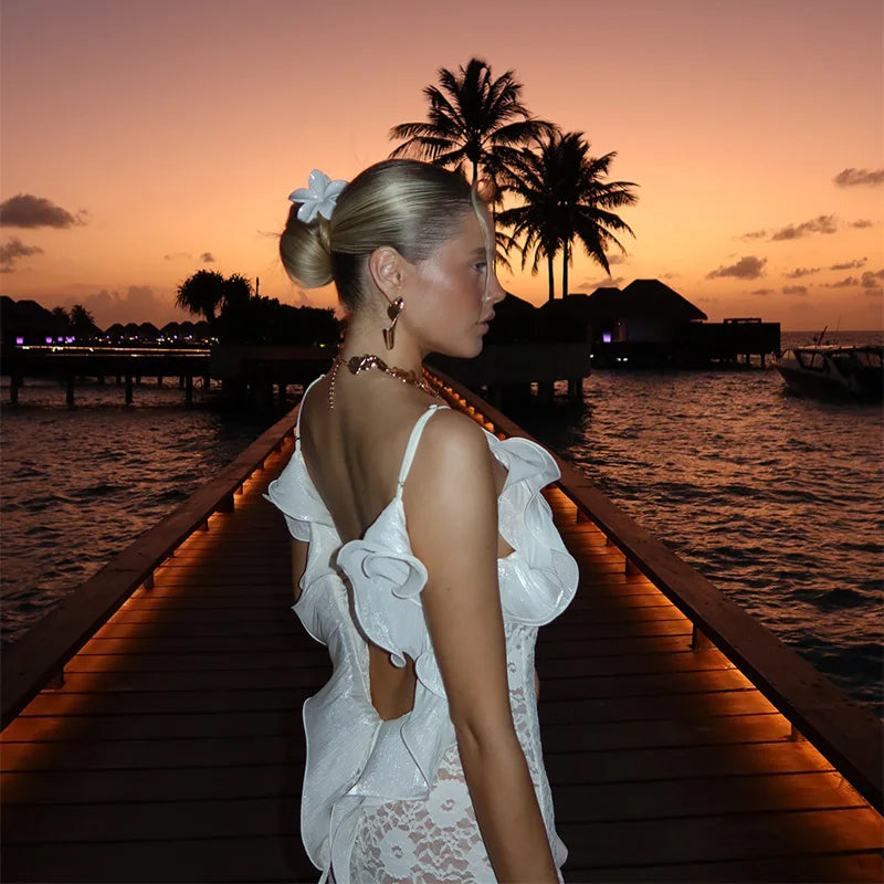 Knit Hollow Out Maxi Dress - Ruffles - Womens Summer Dress