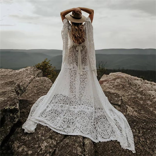 Women's Lace Maxi Maternity Gown With Train - Bat Sleeves