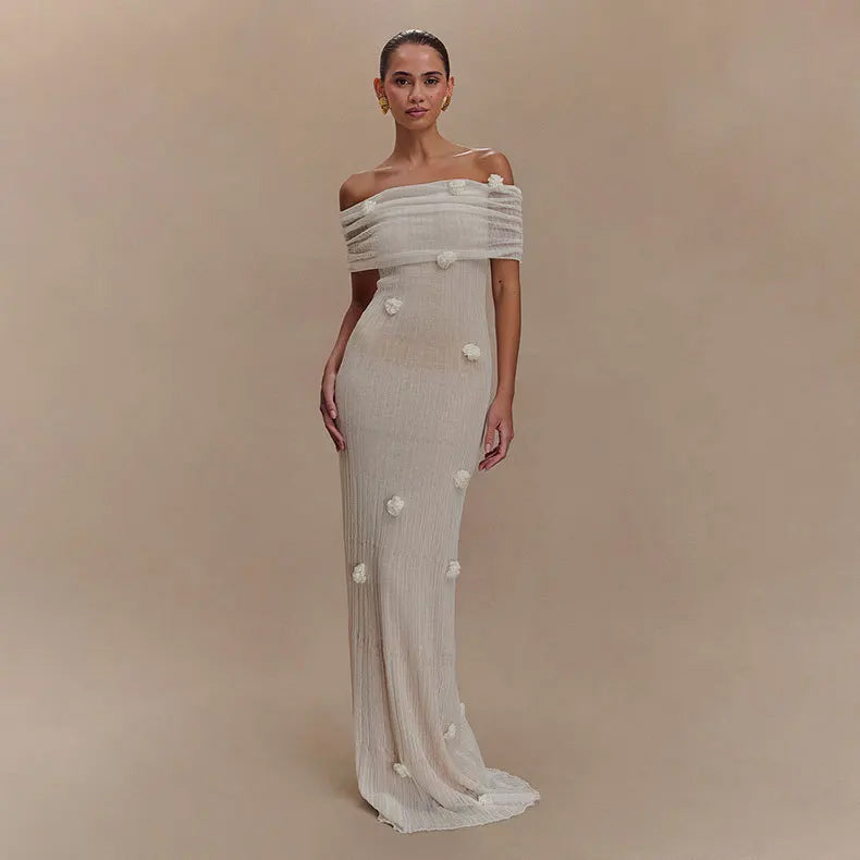 Off The Shoulder Maxi Dress - Long Sleeve - With Flowers