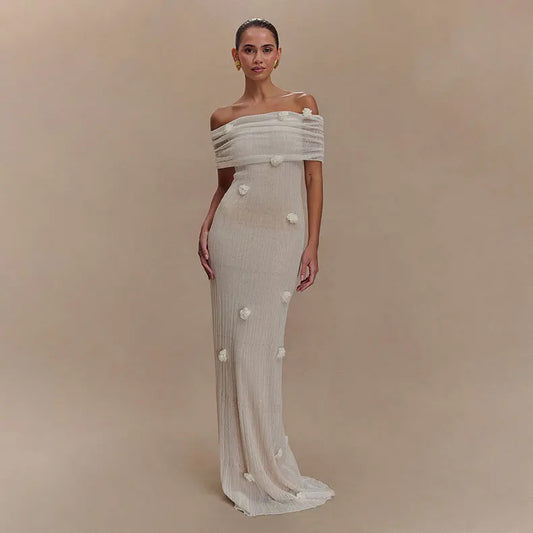 Off The Shoulder Maxi Dress - Long Sleeve - With Flowers