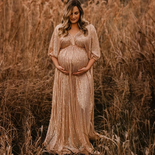 Women's Gold Sequin Maternity Gown - Mid Sleeve