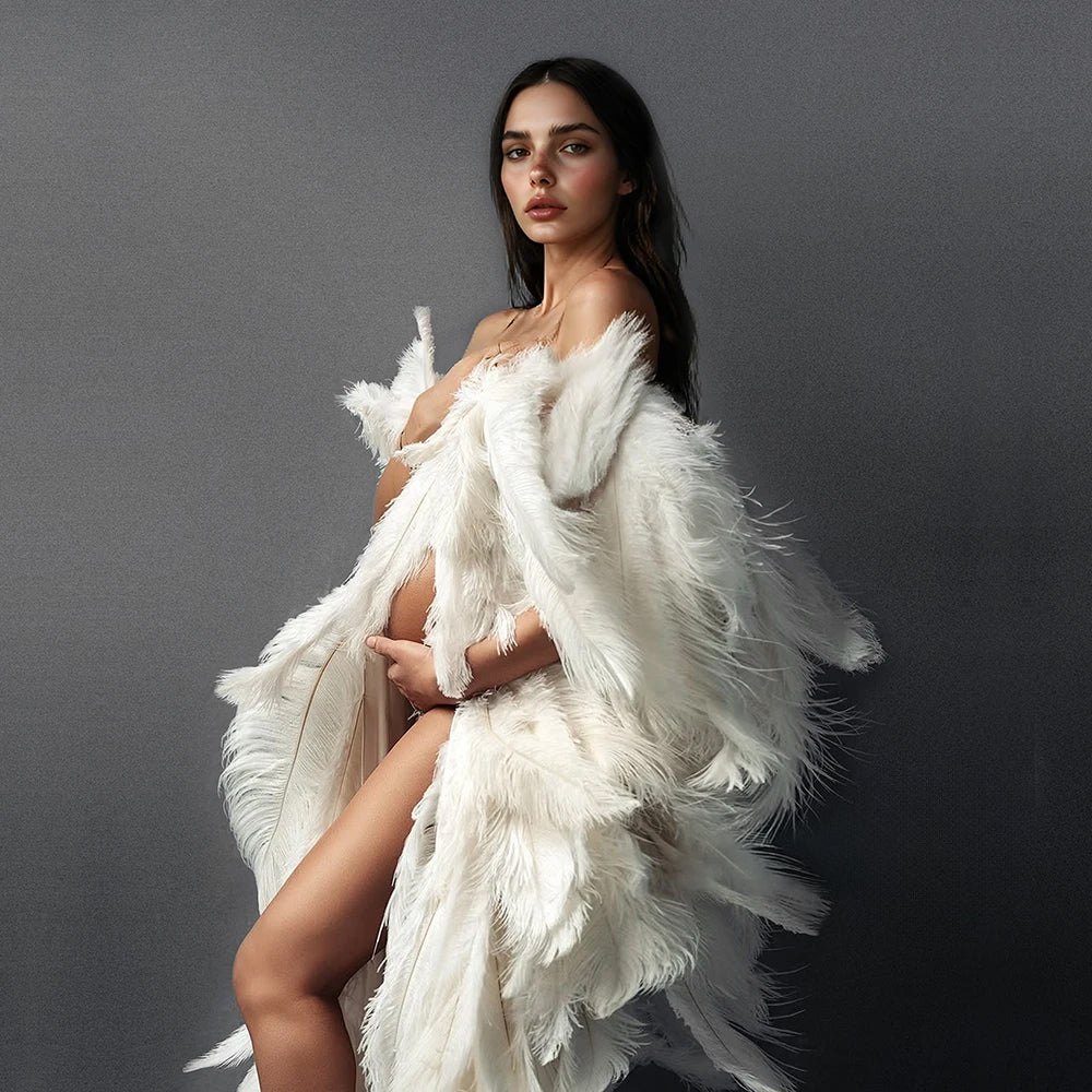 Luxury Ostrich Feather Cape - Elegant Maternity Gown Robe