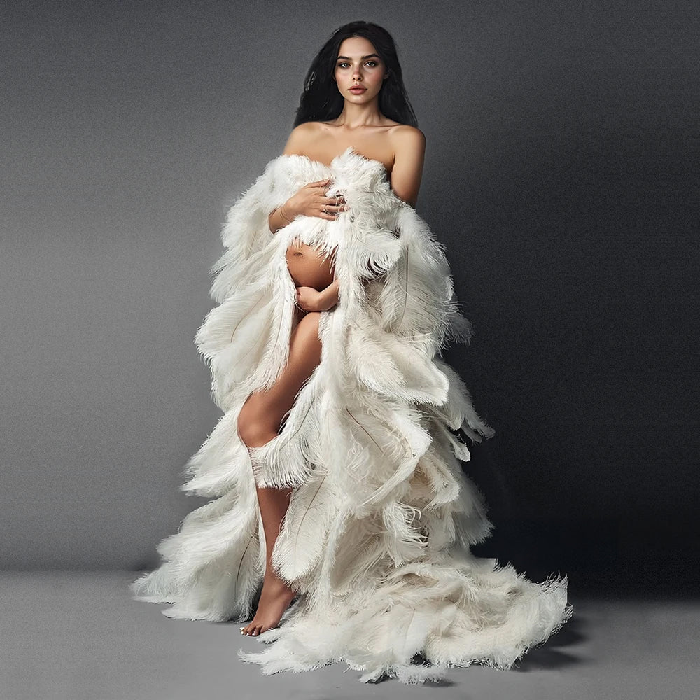 Luxury Ostrich Feather Cape - Elegant Maternity Gown Robe