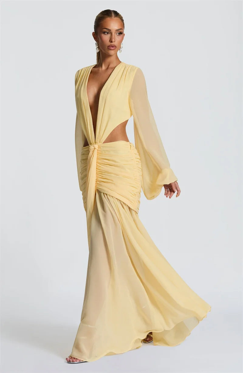Deep V Neck Dress - Long Sleeve Maxi Dress - Hollow Out Backless Dress
