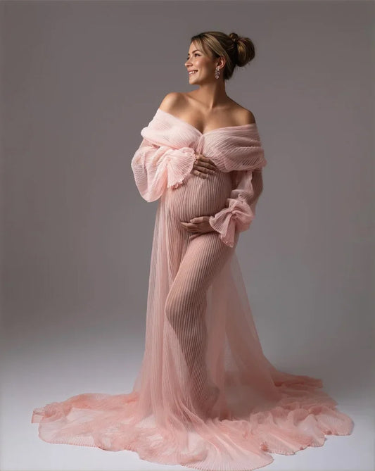Off Shoulder Bespoke Occasion Dress - Long Sheer Tulle Maternity Dress