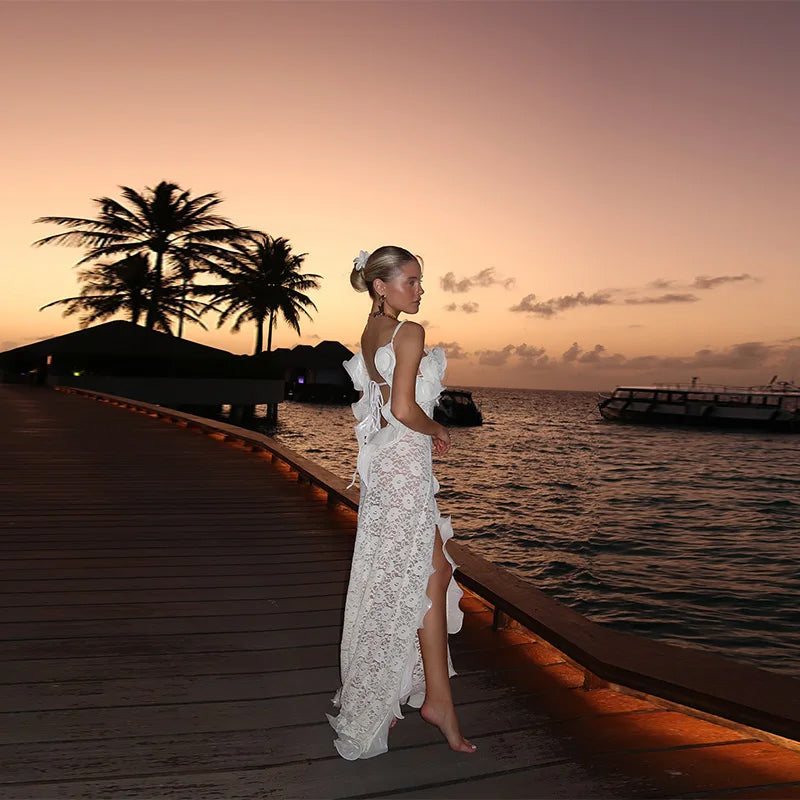 Knit Hollow Out Maxi Dress - Ruffles - Womens Summer Dress